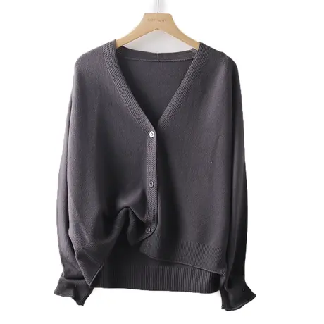秋季V领针织开衫女2023新款纯色简约外搭韩版宽松上衣商品大图