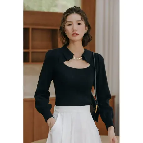 弥古法式黑色针织衫显瘦长袖早秋假两件上衣女小众设计感秋装毛衣商品大图