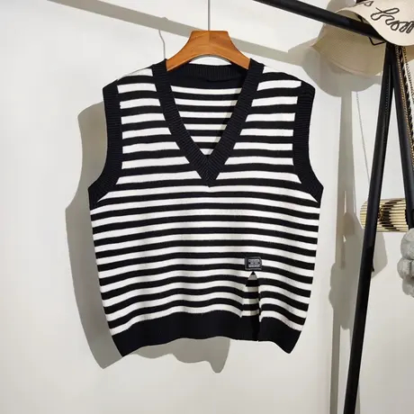 条纹针织马甲背心女春季新款宽松v领叠穿开叉设计感小众上衣外穿商品大图