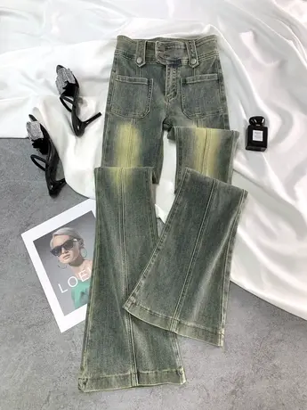 双扣口袋怀旧蓝高腰微喇牛仔裤女韩版早秋显瘦提臀马蹄拖地喇叭裤图片