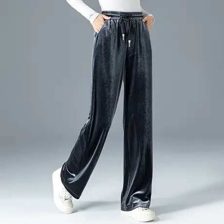 金丝绒阔腿裤女春秋2023新款烟灰色裤子秋冬女裤妈妈直筒裤拖地裤商品大图