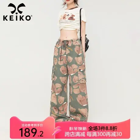 KEIKO 时髦小熊印花直筒牛仔裤女秋季高腰显瘦宽松垂感拖地工装裤商品大图