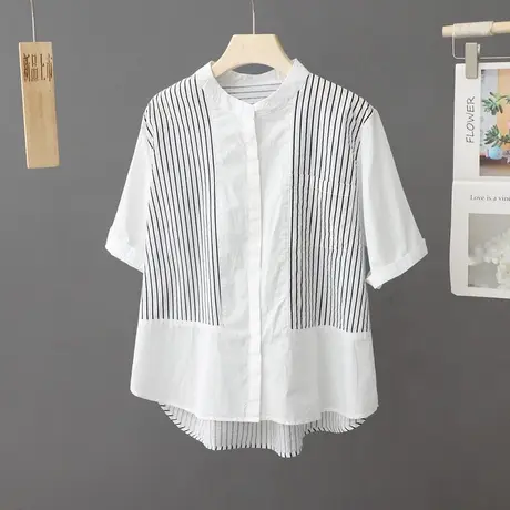 夏季新款条纹衬衫女韩版宽松显瘦气质五分袖清新百搭圆领短袖衬衣商品大图