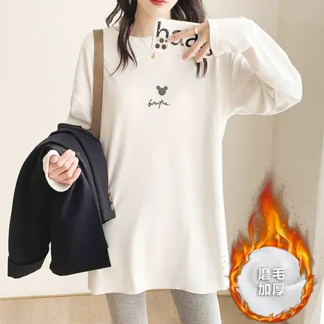 纯棉磨毛t恤女白色长袖韩版宽松中长款大码上衣秋冬季打底衫内搭图片