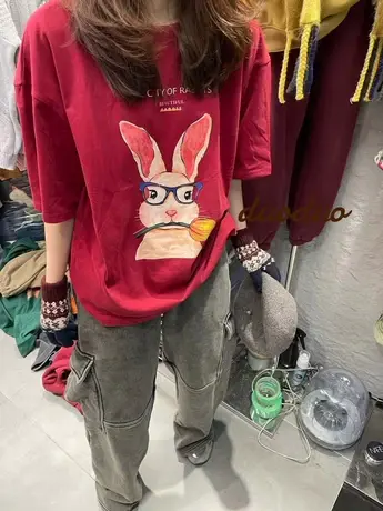 2023春夏季新款韩版圆领字母卡通图案磨毛宽松短袖T恤百搭打底衫商品大图