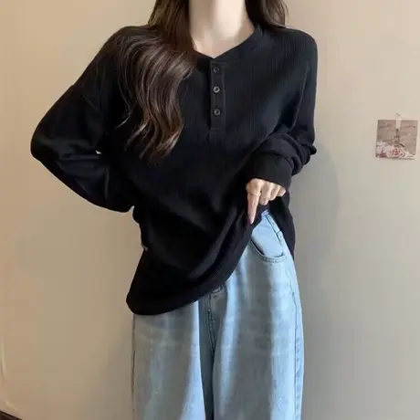 纯色简约华夫格T恤长袖女春秋装韩版宽松显瘦学生打底衫体恤上衣图片