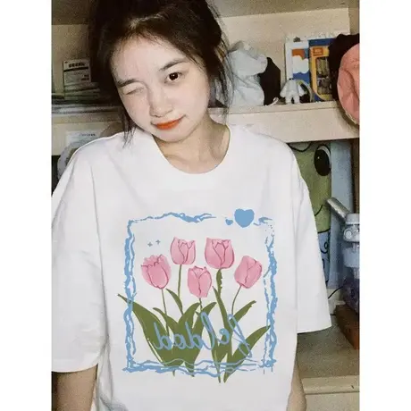 重磅纯棉短袖t恤女ins潮春装chic港味小众设计感夏季宽松上衣服商品大图