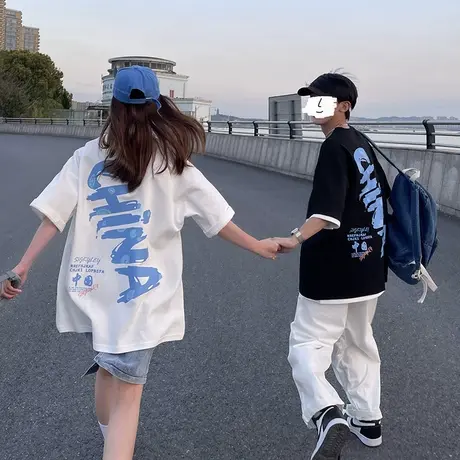 oversize情侣装短袖t恤女纯棉2021夏季别致半袖上衣薄款半袖ins潮商品大图