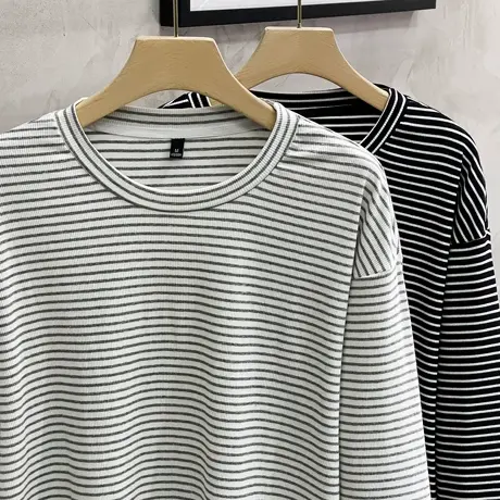 秋季韩版极简条纹宽松男士长袖T恤潮牌慵懒风休闲百搭圆领卫衣男商品大图