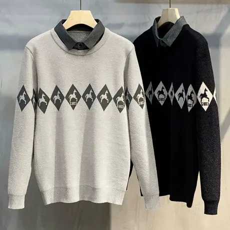 春秋款衬衫领假两件毛衣男修身针织套头潮流提花秋冬男士休闲外套商品大图