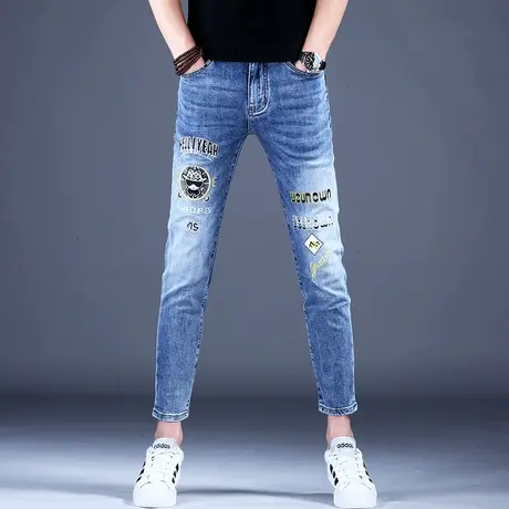 2023新款秋款印花九分牛仔裤男款修身小脚9分休闲裤子弹力紧身裤商品大图