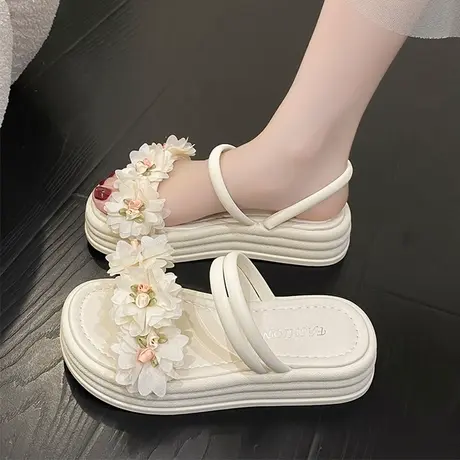 两穿凉鞋女仙女风2023年新款夏季时尚百搭花朵厚底粗跟外穿凉拖鞋图片