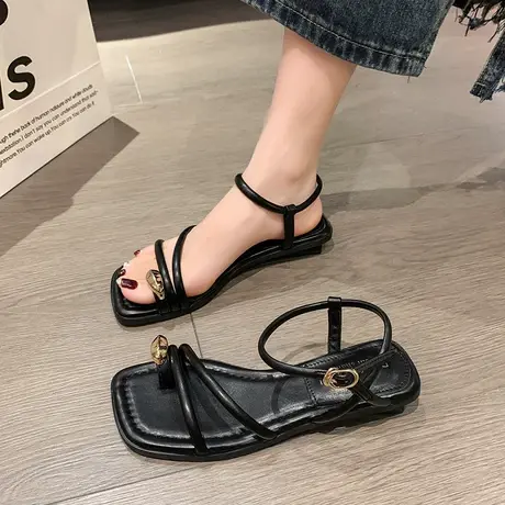 凉鞋女2023夏季新款一字扣带套趾时尚罗马气质配裙度假沙滩海边鞋图片