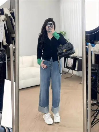 微胖mm显瘦拼接V领上衣大码女装春秋新款百搭撞色长袖针织衫200斤商品大图