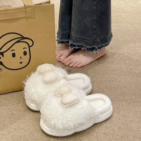 可外穿棉拖鞋女冬季可爱蝴蝶结室内家居加绒保暖防滑厚底毛毛拖鞋商品大图