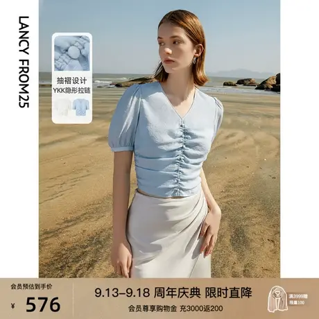 朗姿复古气质泡泡袖收腰别致独特短袖衬衫2023夏季新款高级感衬衣商品大图
