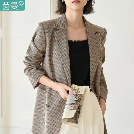 茵曼官方旗舰店女装2023新款春秋装通勤双排扣加厚格纹小西装外套图片