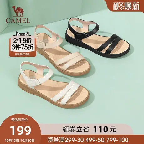 骆驼女鞋2023夏季新款一字带真皮软底妈妈凉鞋女魔术贴厚底凉鞋女图片