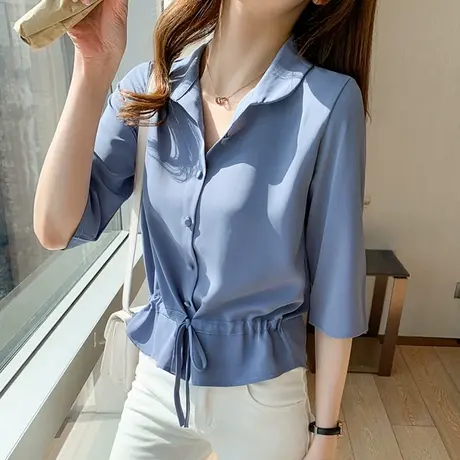 新款雪纺衬衫女夏季薄款设计感小众上衣短袖超仙短款2023高端中袖商品大图