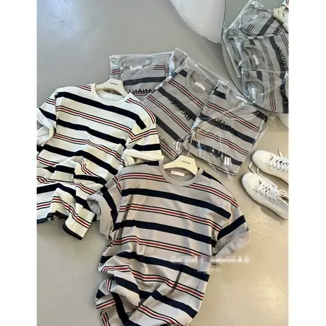 美式正肩条纹t恤短袖女宽松小众别致独特设计感上衣2023新款夏季商品大图