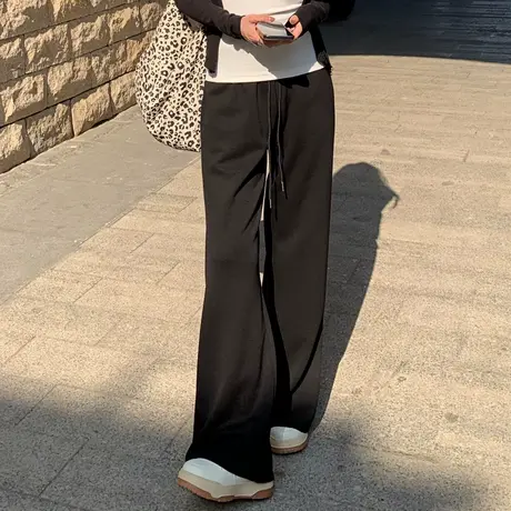尔给休闲裤-卫裤直筒显瘦春新款垂感高腰设计感宽松阔腿长裤商品大图