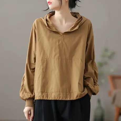 dza 文艺复古纯棉连帽卫衣女士春季薄款外套百搭长袖宽松休闲上衣图片