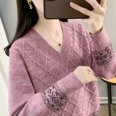 V领拼色针织衫2023秋冬新款毛衣女洋气内搭打底衫爆款时尚鸡心领商品大图