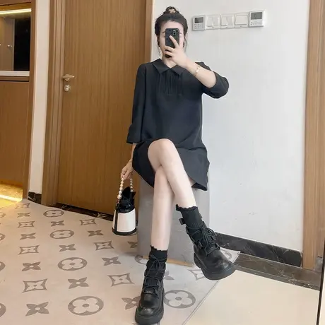 七分袖黑色雪纺连衣裙气质早秋2024新款显瘦裙子女赫本风小黑裙图片