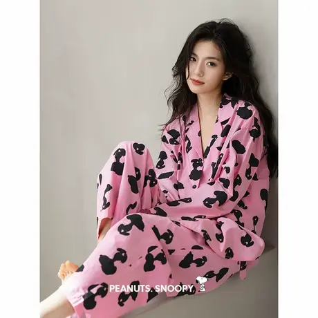 贝妍史努比睡衣女春秋新款柔软棉长袖家居服甜美少女性感开衫套装商品大图