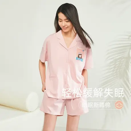 秋鹿睡衣女夏季胸前印花浅色系开衫短袖短裤家居服休闲居家衬衫商品大图