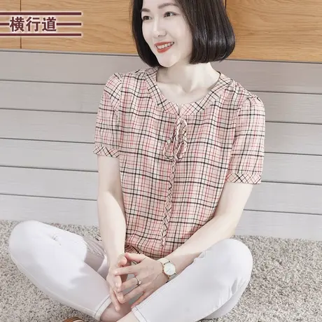 2023夏季新款韩版甜美圆领蝴蝶结格子宽松短袖雪纺衫女装外穿上衣图片