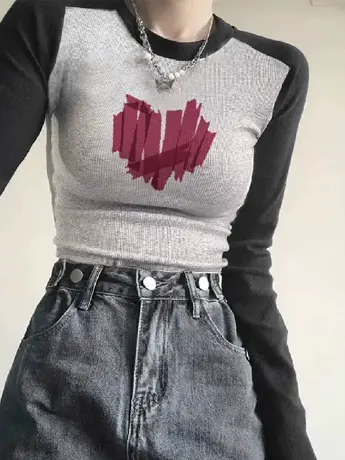 ins甜辣风插肩长袖t恤女设计感小众修身显瘦上衣纯棉正肩打底衫秋商品大图