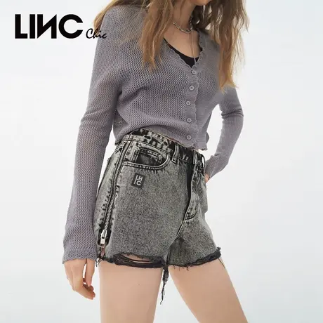 LINC金羽杰裤子夏季女潮酷拉毛洗水灰色纯棉牛仔短裤S212DS313商品大图