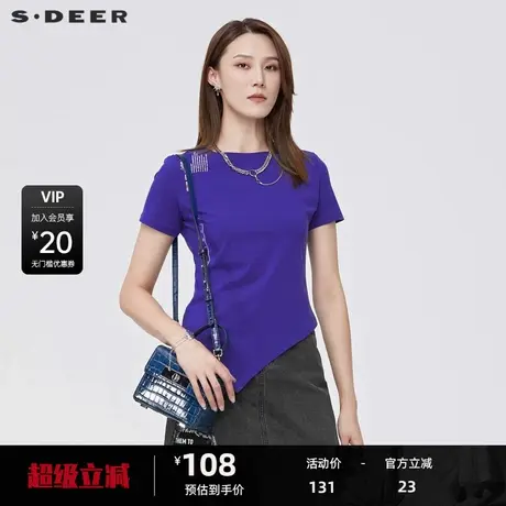 sdeer圣迪奥女装休闲圆领字母印花不规则短袖T恤S222801A7图片