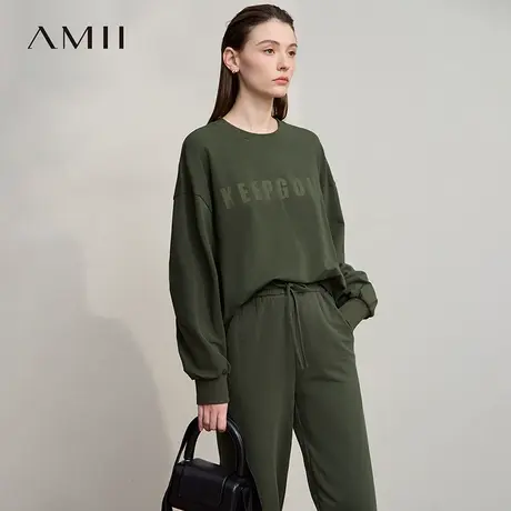 Amii2025秋新款极简运动学院风套头中长宽松棉弹力字母印花卫衣女图片
