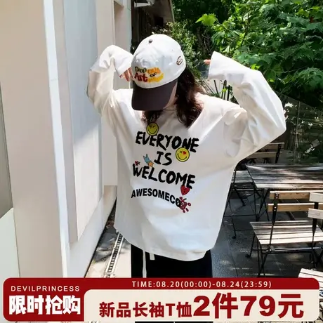 hiphop街头嘻哈风设计感潮牌白色长袖t恤女大版宽松纯棉正肩上衣商品大图
