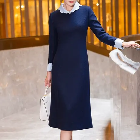 蓝色毛呢连衣裙女秋冬2023新款法式优雅端庄修身显瘦中长款a字裙图片