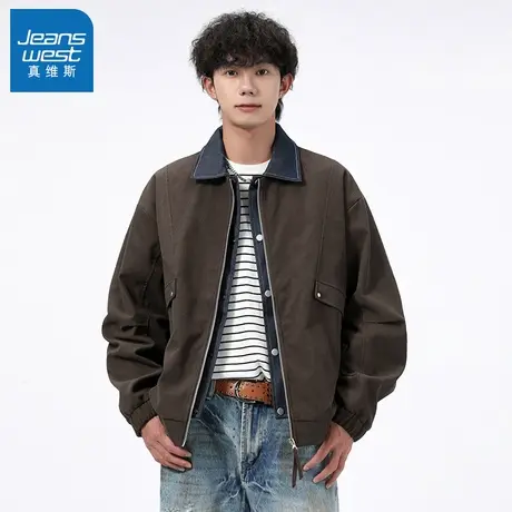 N5真维斯外套男2025新款秋季美式撞色翻领工装上衣男士春秋装夹克商品大图
