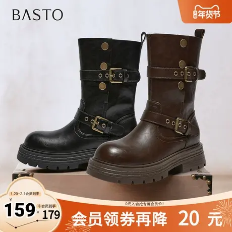 百思图2025冬季新款西部靴时尚复古潮流骑士女中靴BP928DZ5图片