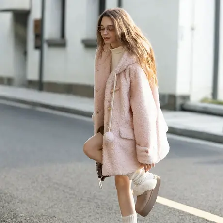 唐狮秋冬季中长款女外套连帽仿羊羔毛厚款开衫保暖慵懒高级感TMTA商品大图