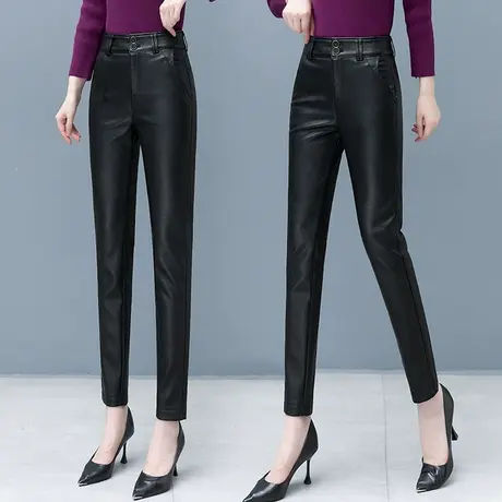 皮裤女2023新款秋冬款大码高腰休闲宽松小脚哈伦裤pu皮打底长裤子商品大图