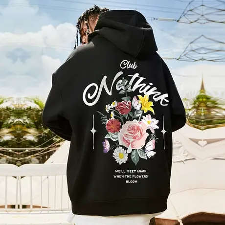 Nuthink欧美复古玫瑰花连帽卫衣男潮流街头情侣款冬季外套上衣潮商品大图