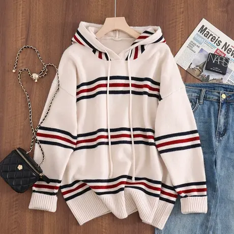 2023秋冬新款女士针织衫毛衣外套上衣连帽宽松长袖套头学院风条纹商品大图