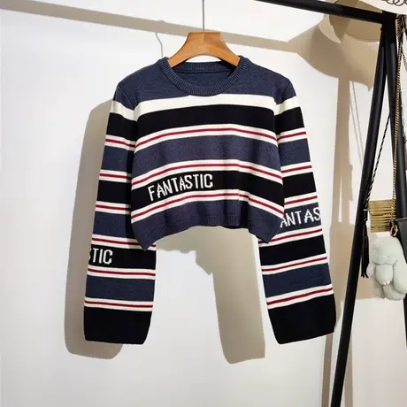 学院风条纹针织衫上衣女2023秋冬新款韩版设计感小众长袖毛衣外穿商品大图