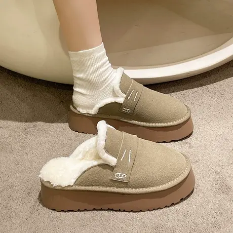 厚底毛毛拖鞋女外穿勃肯鞋2023秋冬加绒雪地靴包头半拖鞋保暖棉鞋图片