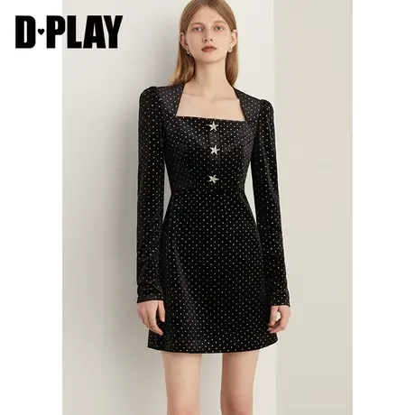 DPLAY2023年冬新定制五角星钻装饰美背方领小黑裙晚礼服图片