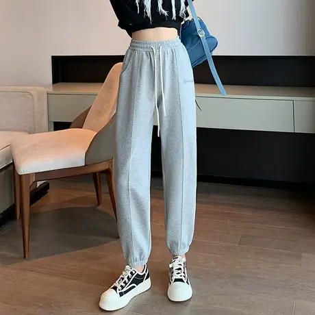 唐狮多色运动裤女夏季薄款裤子白色束脚绣花卫裤高腰休闲百搭图片