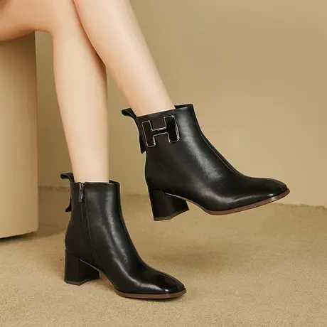 2023秋冬新款真皮女粗跟秋冬加绒短靴优雅风女新款方头高跟鞋爆款图片