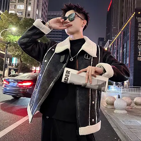 个性羊羔毛拼接棉服男冬季新款复古重工设计感加厚机车服皮衣外套图片