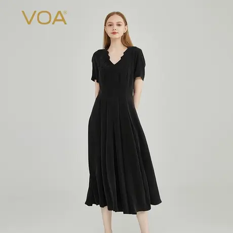 VOA重磅真丝40姆米极地黑V领活页做旧砂洗工艺垂坠挺阔短袖连衣裙图片
